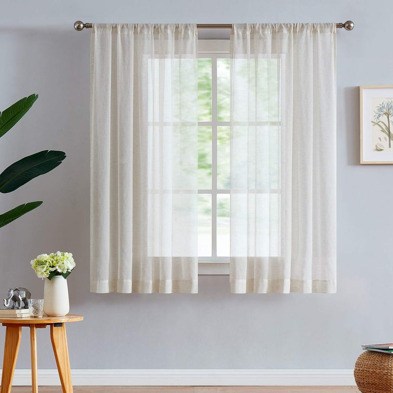 FMFUNCTEX Linen Sheer Curtains for Bedroom, Beige Curtains 54 inch Length for Living Room, Natural Flax Blend Window Draperies for Farmhouse Curtain, Rod Pocket 2 Panels - Image 1